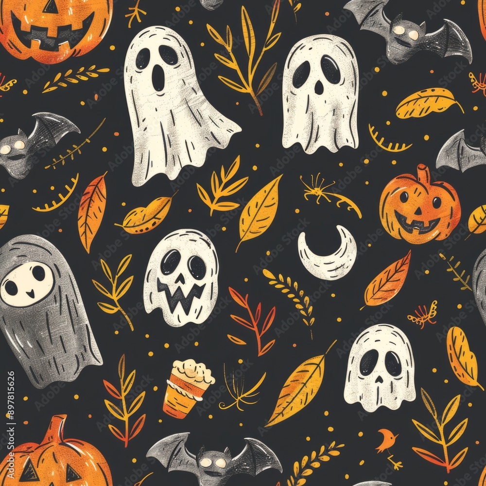 Cute Halloween cartoon character seamless pattern with ghosts, perfect for kids or party wallpaper design. Cute Halloween cartoon character seamless pattern with ghosts, perfect for kids or party wallpaper design.