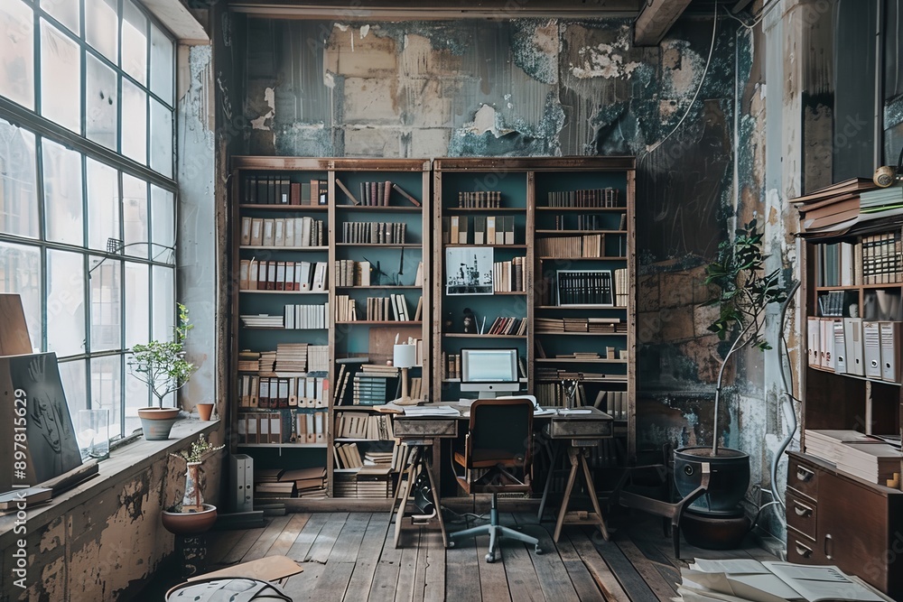 Interior of an old and abandoned school library. Bookshelves, tables and chairs. Interior of an old and abandoned school library. Bookshelves, tables and chairs.