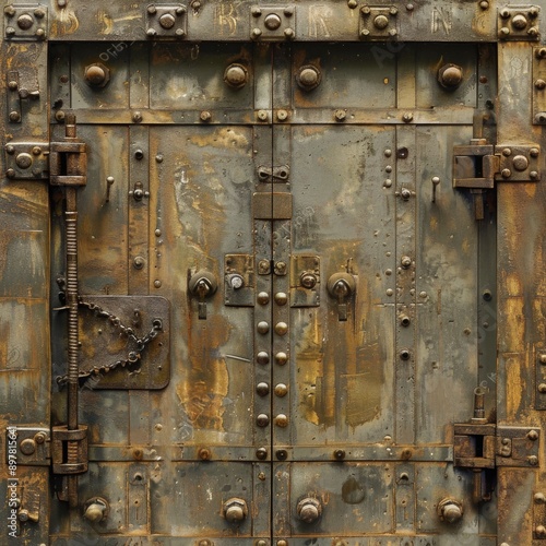 Wallpaper Mural A weathered, rusty metal door with multiple locks and hinges. The door is secured with a chain and has a faded, worn appearance. Torontodigital.ca