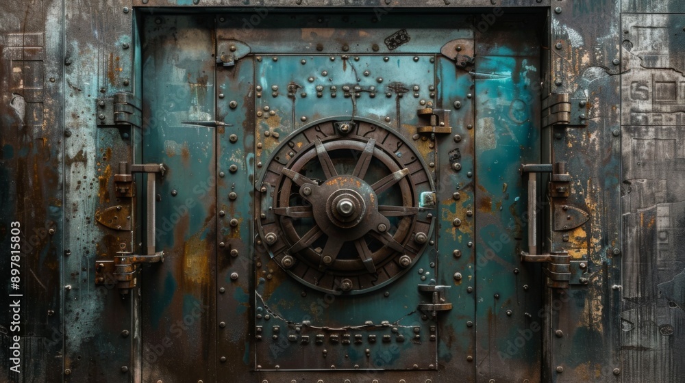 A weathered, rusty vault door with a large, intricate dial. The door is heavily secured with multiple bolts and hinges. A weathered, rusty vault door with a large, intricate dial. The door is heavily secured with multiple bolts and hinges.