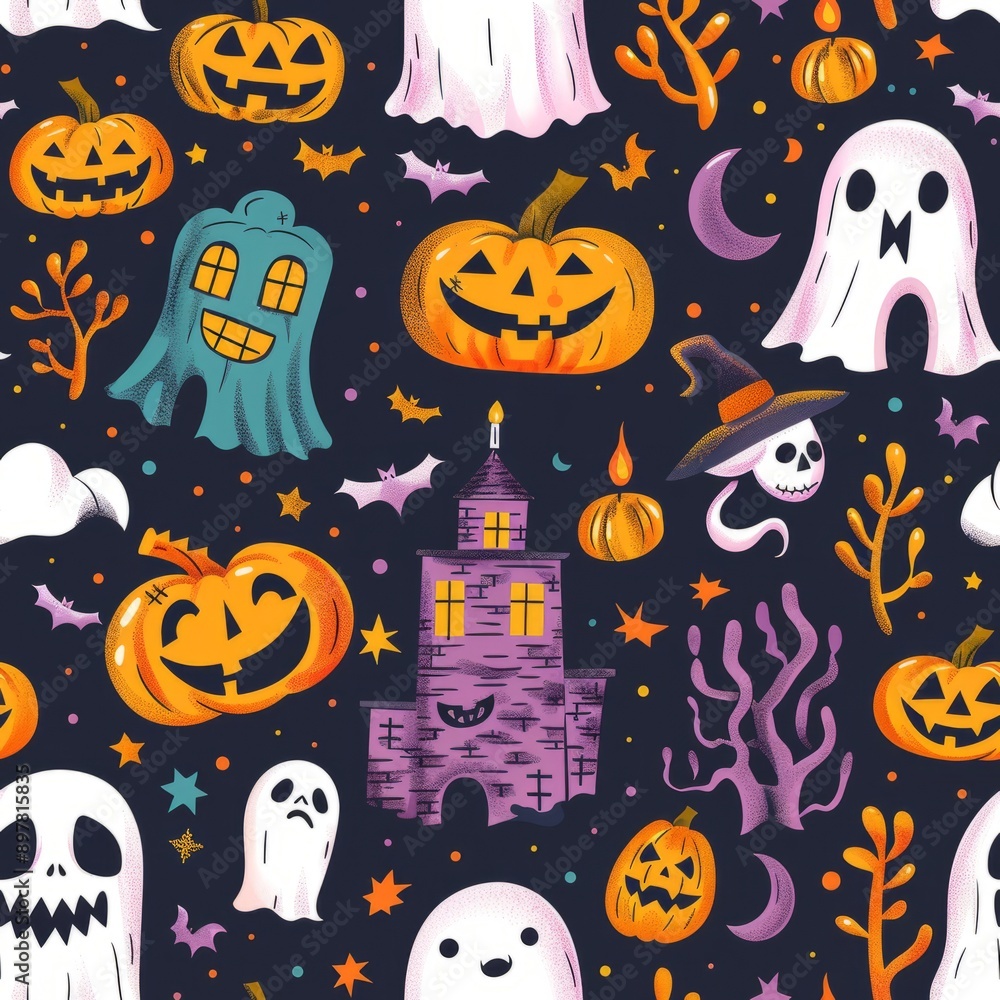 Cute Halloween cartoon character seamless pattern with ghosts, perfect for kids or party wallpaper design. Cute Halloween cartoon character seamless pattern with ghosts, perfect for kids or party wallpaper design.