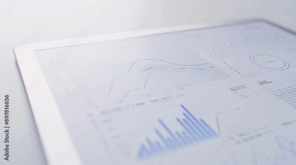 White tablet showing graphs and charts on a table, indicating data analysis and business strategy White tablet showing graphs and charts on a table, indicating data analysis and business strategy
