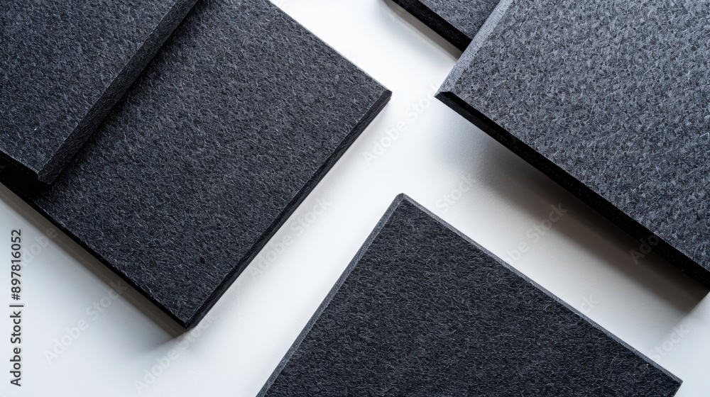 Fototapeta premium Black textured tiles arranged on a white surface to form a geometric pattern