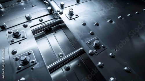 Close-up of a heavy metal vault door with intricate locking mechanisms.