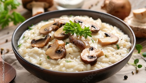 Risotto with champignons and thyme on the table