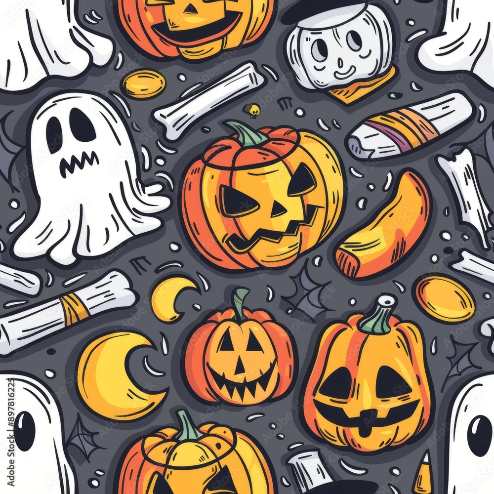 Cute Halloween cartoon character seamless pattern with ghosts, perfect for kids or party wallpaper design. Cute Halloween cartoon character seamless pattern with ghosts, perfect for kids or party wallpaper design.