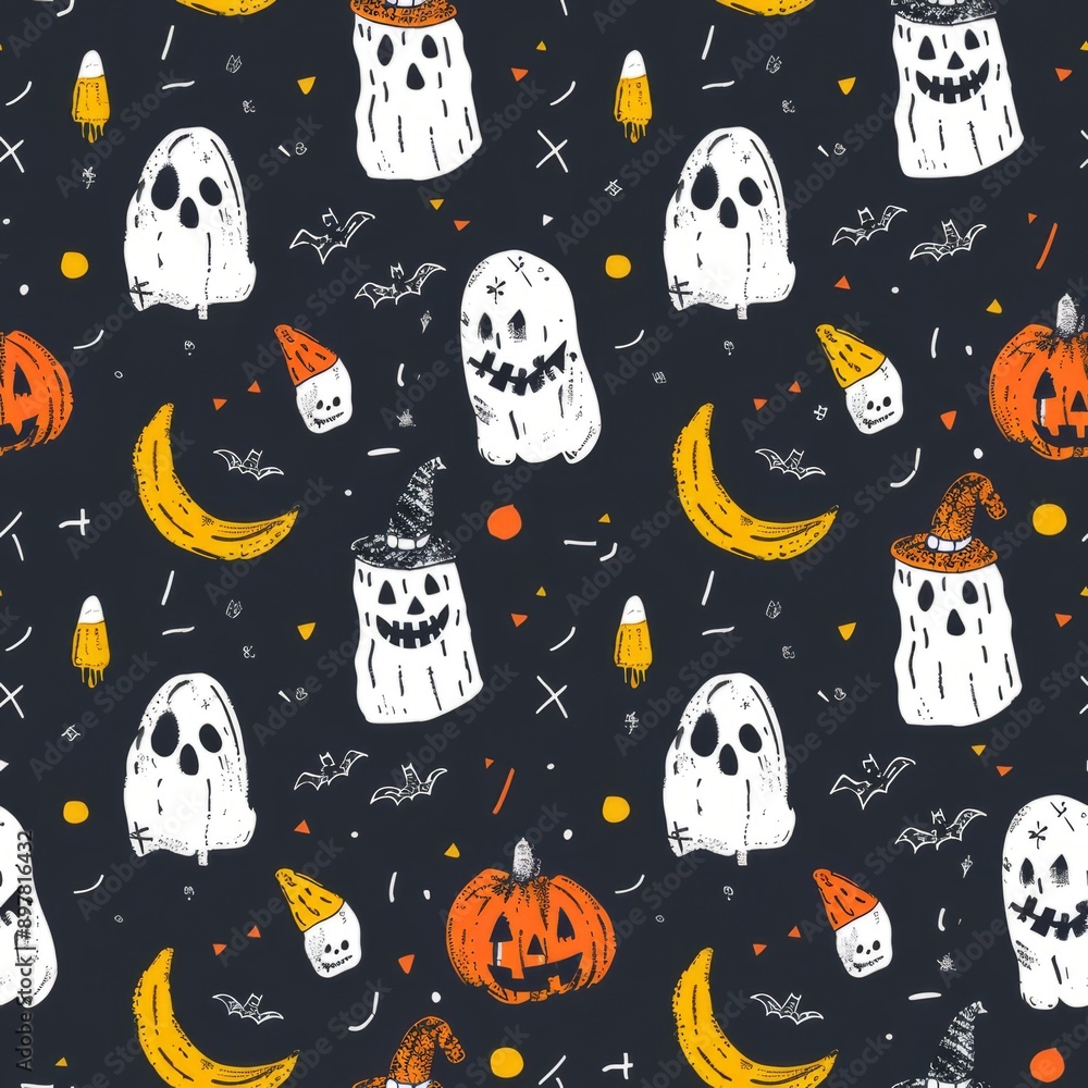 Cute Halloween cartoon character seamless pattern with ghosts, perfect for kids or party wallpaper design. Cute Halloween cartoon character seamless pattern with ghosts, perfect for kids or party wallpaper design.