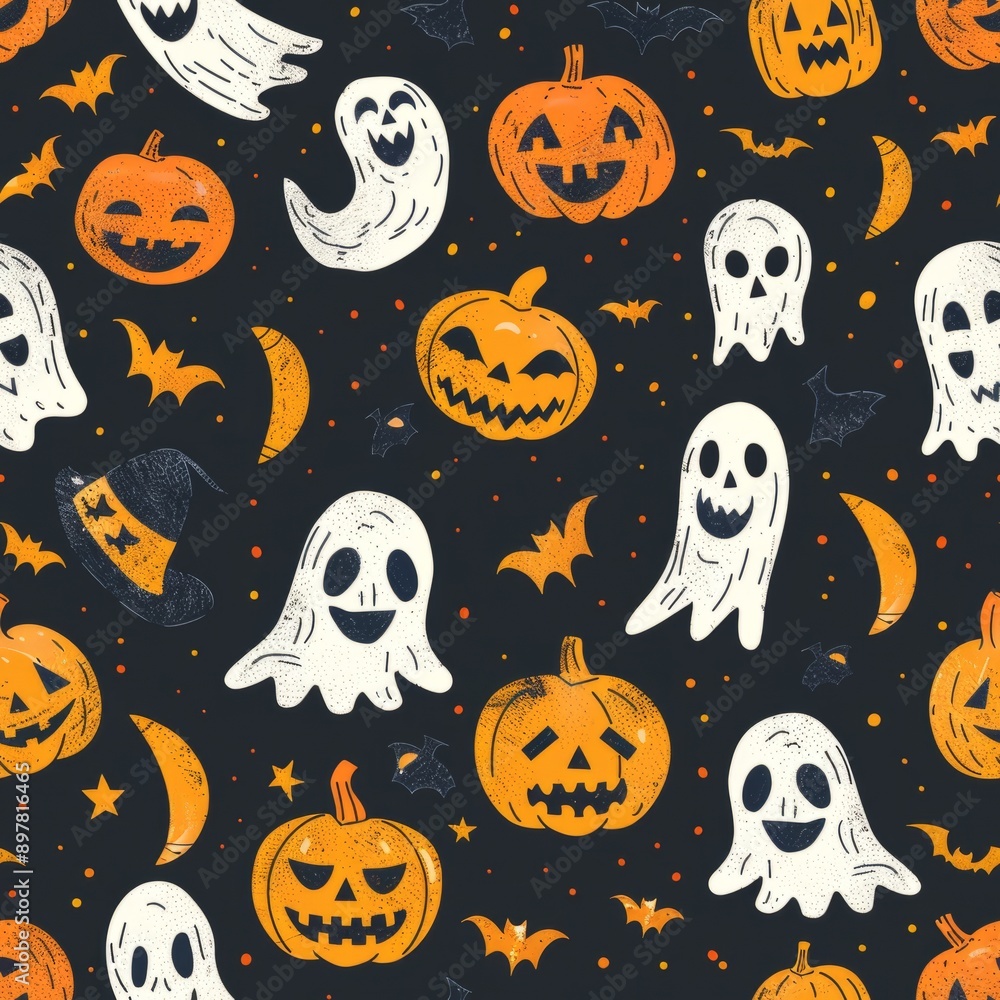 Cute Halloween cartoon character seamless pattern with ghosts, perfect for kids or party wallpaper design. Cute Halloween cartoon character seamless pattern with ghosts, perfect for kids or party wallpaper design.