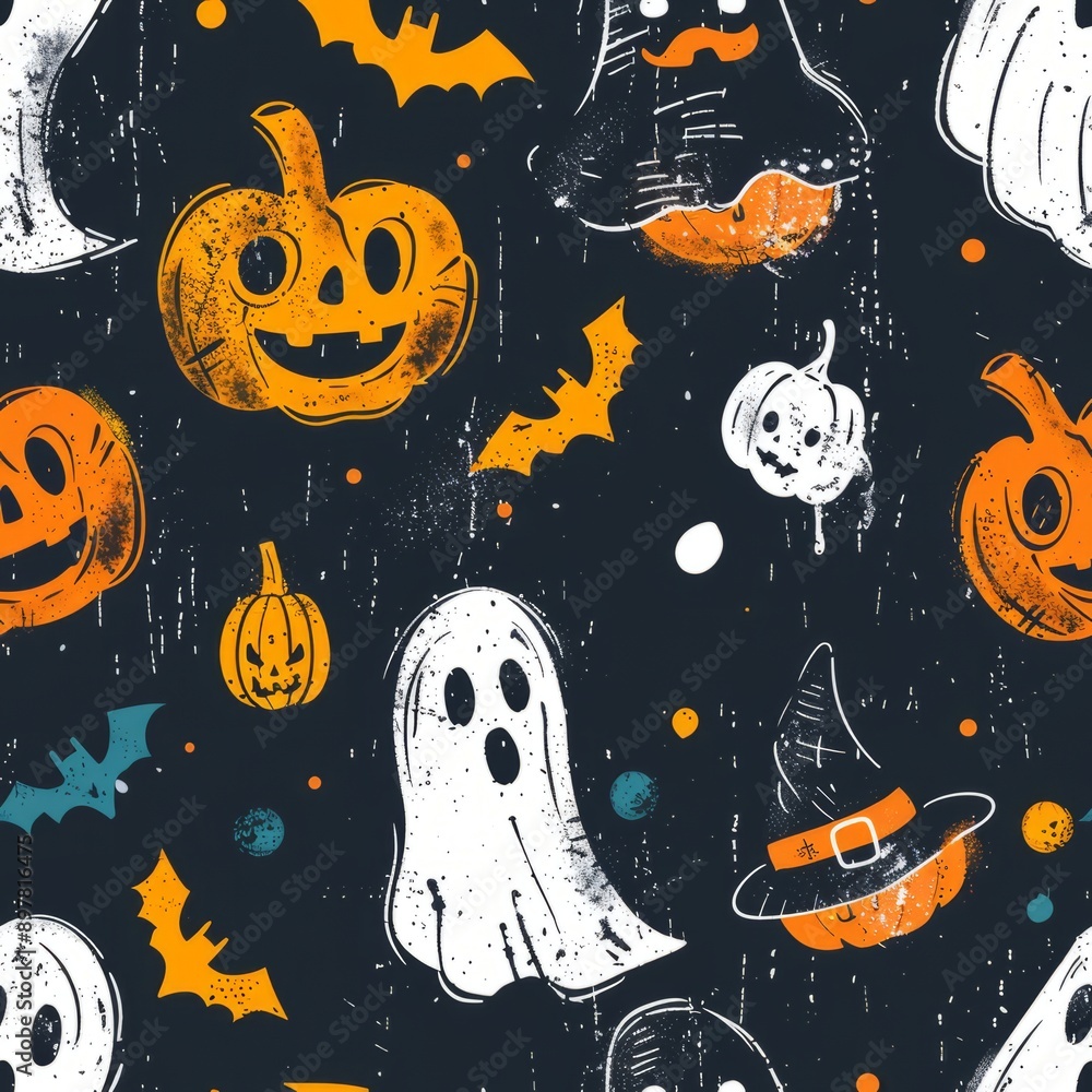 Cute Halloween cartoon character seamless pattern with ghosts, perfect for kids or party wallpaper design. Cute Halloween cartoon character seamless pattern with ghosts, perfect for kids or party wallpaper design.