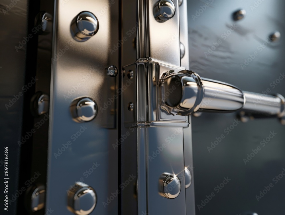 Closeup of a sturdy steel door with a large, chrome handle and rivets. The door appears to be secured. Closeup of a sturdy steel door with a large, chrome handle and rivets. The door appears to be secured.