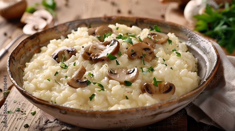 Risotto with champignons and thyme on the table Risotto with champignons and thyme on the table