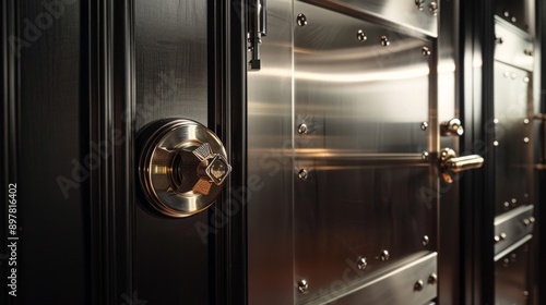Close-up of a secure metal door with a large, ornate door handle.  The door is made of steel and has a black finish.