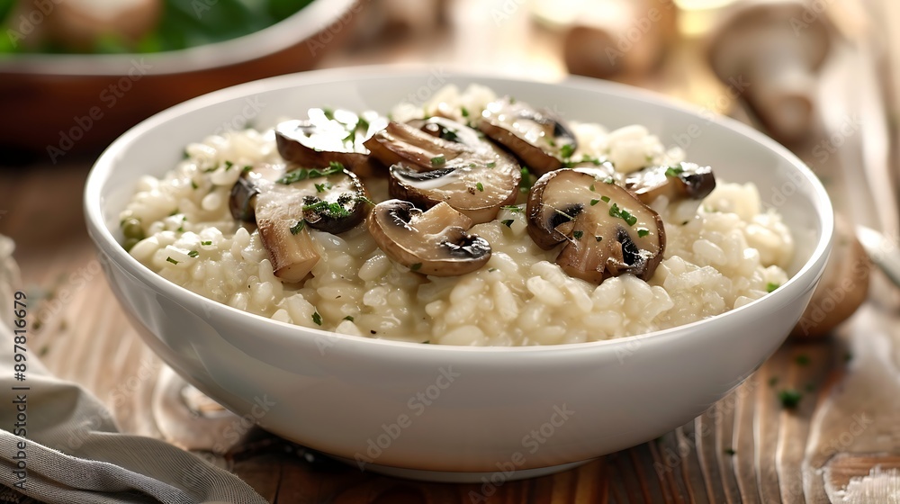 Risotto with champignons and thyme on the table Risotto with champignons and thyme on the table