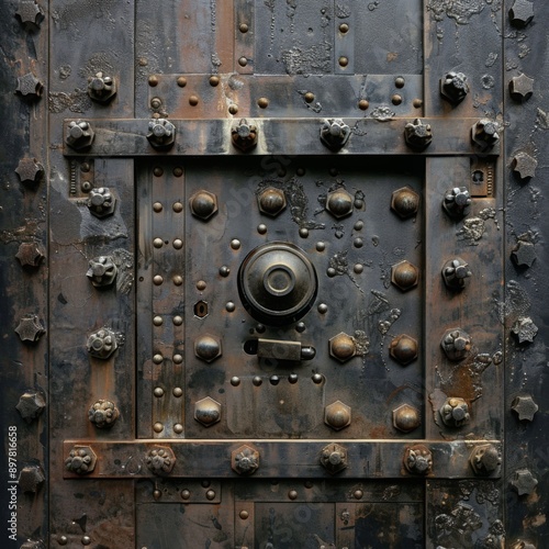 Close-up of a weathered metal door with a large, ornate lock. The door is covered in rivets and has a distressed, aged appearance.