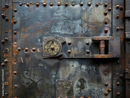 Close-up of a weathered metal door with a large lock and rivets.  The door shows signs of age and use.