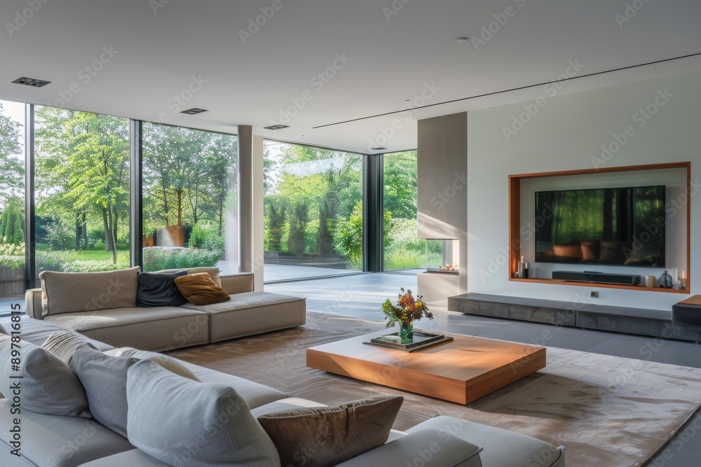 Interior of a modern living room with a large window overlooking the garden Interior of a modern living room with a large window overlooking the garden