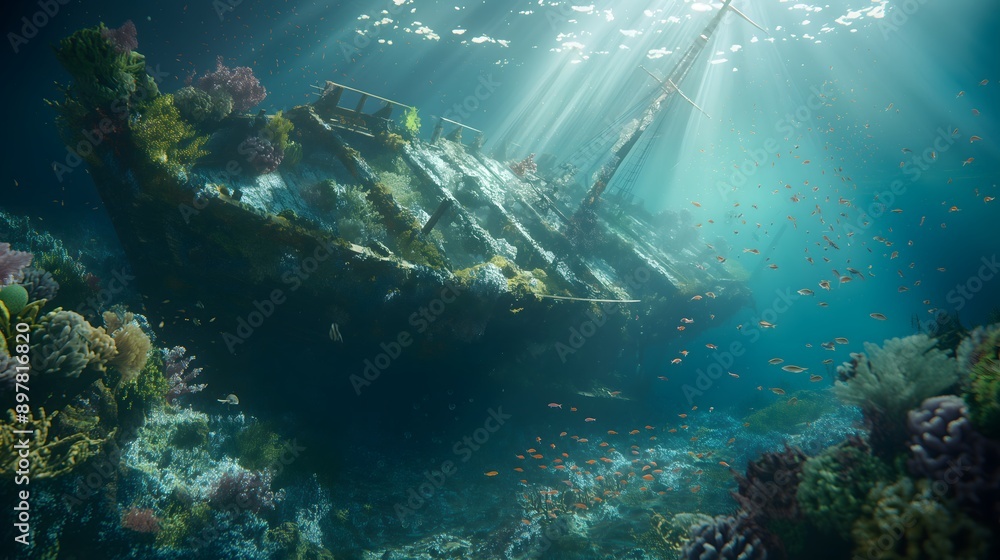 34. Render a serene underwater scene with a sunken shipwreck covered in coral and marine life. 34. Render a serene underwater scene with a sunken shipwreck covered in coral and marine life.