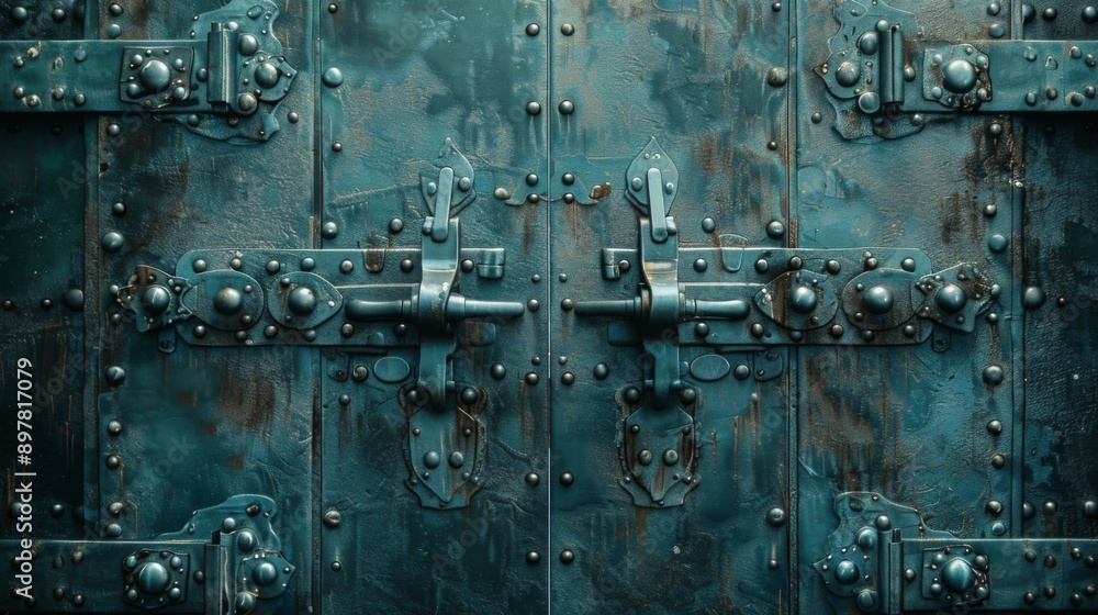 Close-up of an ornate metal door with intricate hardware. The door is made of dark blue metal and has a weathered look. Close-up of an ornate metal door with intricate hardware. The door is made of dark blue metal and has a weathered look.