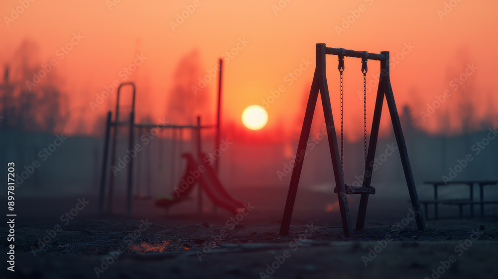 A serene sunset casts a warm glow over an empty playground, evoking nostalgia and peaceful solitude in an urban landscape. A serene sunset casts a warm glow over an empty playground, evoking nostalgia and peaceful solitude in an urban landscape.