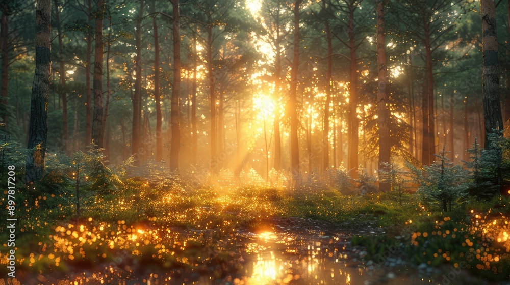 Pine forest in the morning with dew on the ground