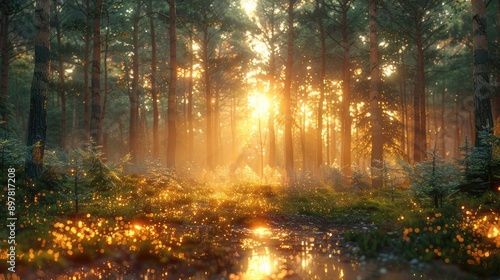 Obraz na płótnie Pine forest in the morning with dew on the ground w salonie
