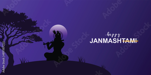 Janmashtami, Banner, Happy Janmashtami, Greeting with Flute-Playing Silhouette Under Moonlight. Krishna Janmashtami, illustration Art, Janmashtami Banner,
