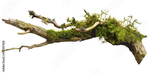 Green moss-covered single broken tree branch isolated in a transparent background. Cut out or PNG.