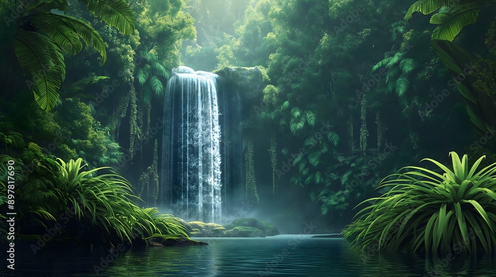 35. Create a mystical 3D rendered background of a hidden waterfall in a lush jungle. 35. Create a mystical 3D rendered background of a hidden waterfall in a lush jungle.