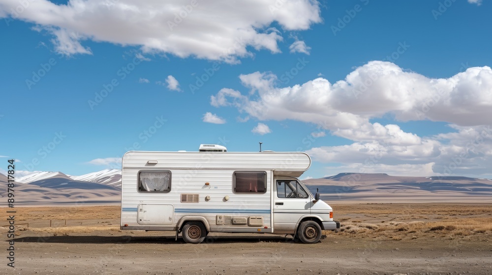 white motorhome car in the middle of a desert during the day white motorhome car in the middle of a desert during the day