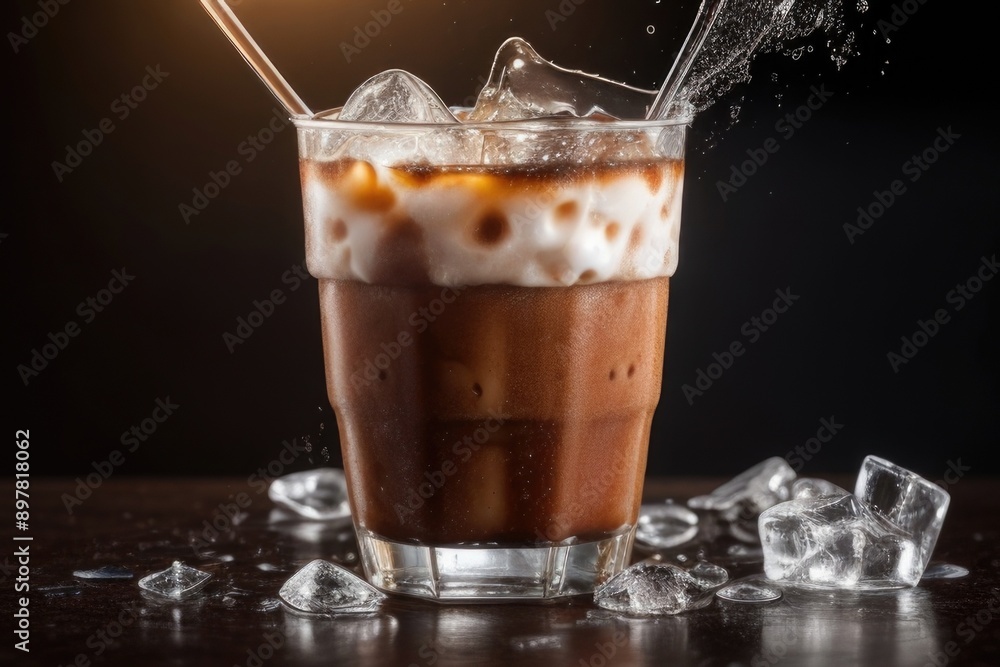 Iced Coffee with Splash and Ice Cube on a dark background Iced Coffee with Splash and Ice Cube on a dark background