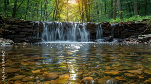 Obraz na płótnie Powerful waterfall flowing in the midst of a green forest w salonie