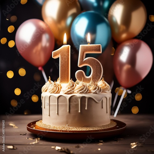 number 15 candle on a twenty eit year birthday or anniversary cake celebration with balloons photo