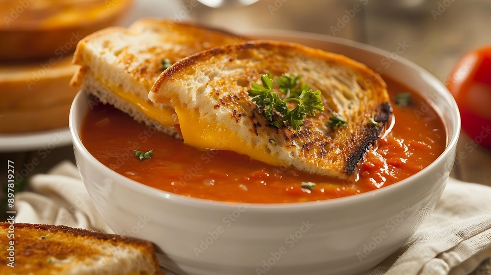 Tomato soup with cream and toasted bread on wooden table Tomato soup with cream and toasted bread on wooden table