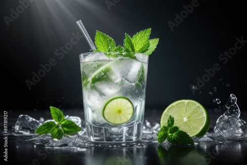 Mojito with fresh mint leaves and lime over a dark background