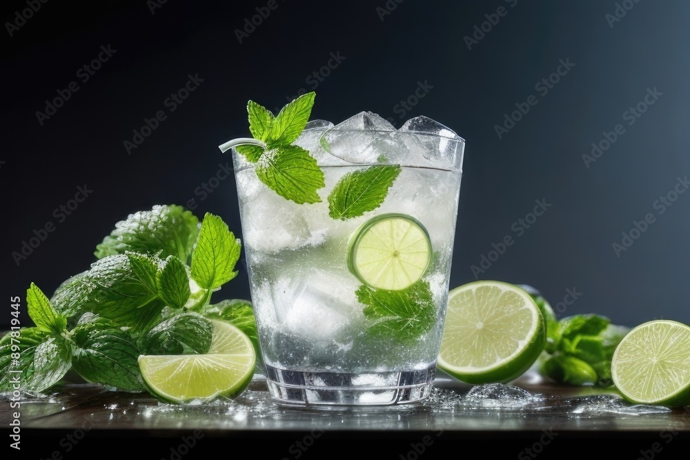 Mojito with fresh mint leaves and lime over a dark background Mojito with fresh mint leaves and lime over a dark background