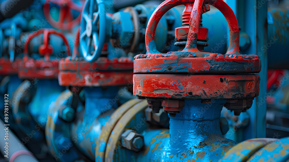 Industrial Arteries: A close-up view of weathered blue and red pipeline valves, hinting at the flow of vital resources and the passage of time. Industrial Arteries: A close-up view of weathered blue and red pipeline valves, hinting at the flow of vital resources and the passage of time.