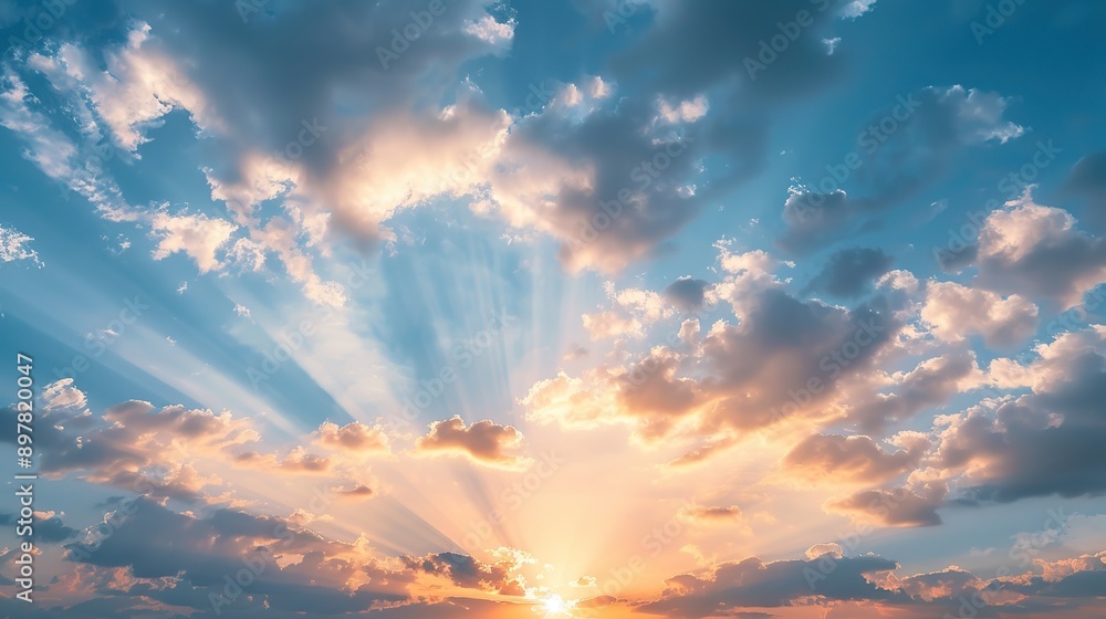 A vibrant sky with the sun peeking through dense clouds, casting rays of light across the scene. Symbolizing hope and new beginning A vibrant sky with the sun peeking through dense clouds, casting rays of light across the scene. Symbolizing hope and new beginning