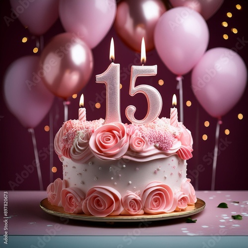number 15 candle on a twenty eit year birthday or anniversary cake celebration with balloons, ROSE COLORS