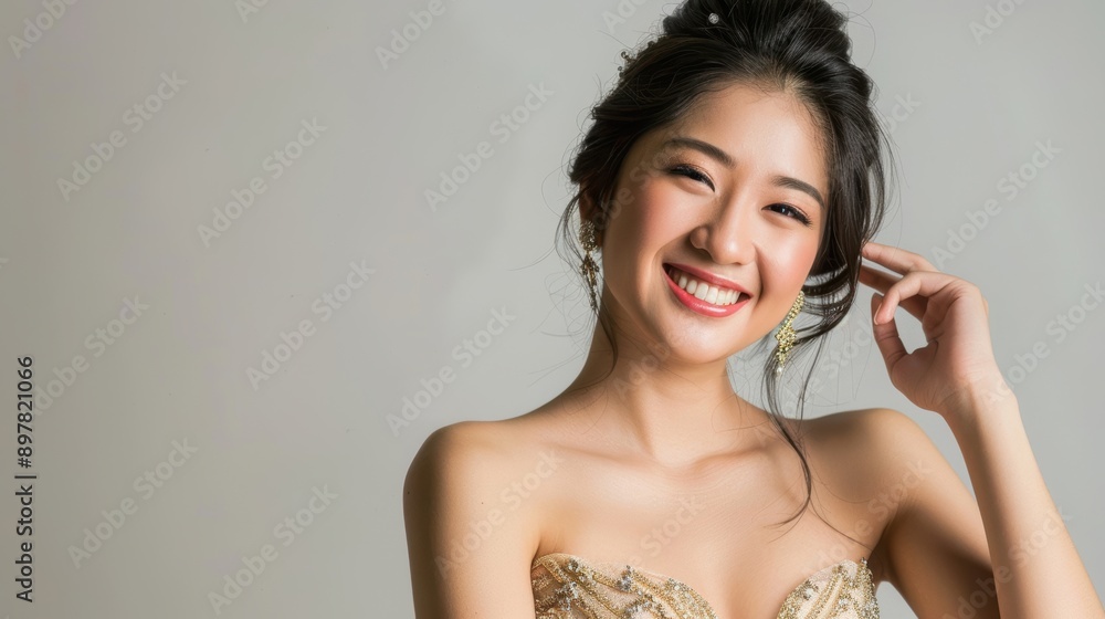 Beautiful young Asian woman in a glamorous evening gown, with a big smile, embodying elegance and sophistication Beautiful young Asian woman in a glamorous evening gown, with a big smile, embodying elegance and sophistication