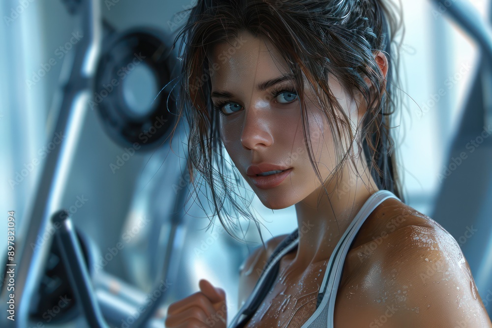 Fit Woman Using Fitness Gadgets for an Indoor Workout Routine, Achieve Your Fitness Goals at Home with Smart Technology Fit Woman Using Fitness Gadgets for an Indoor Workout Routine, Achieve Your Fitness Goals at Home with Smart Technology