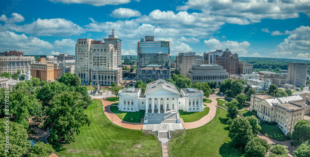 Aerial view of capitol square in Richmond with Virginia state capital, executive mansion, department of agriculture, old city hall, skyline