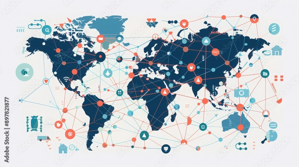 Fototapeta premium A detailed world map illustration showcasing global connectivity and various thematic icons representing different sectors.