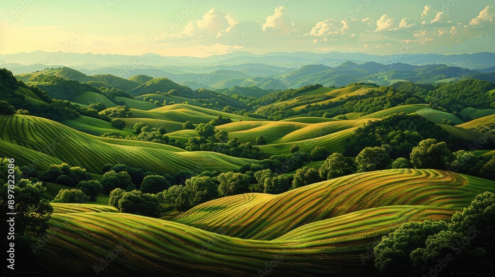 Rolling hills with a patchwork of fields