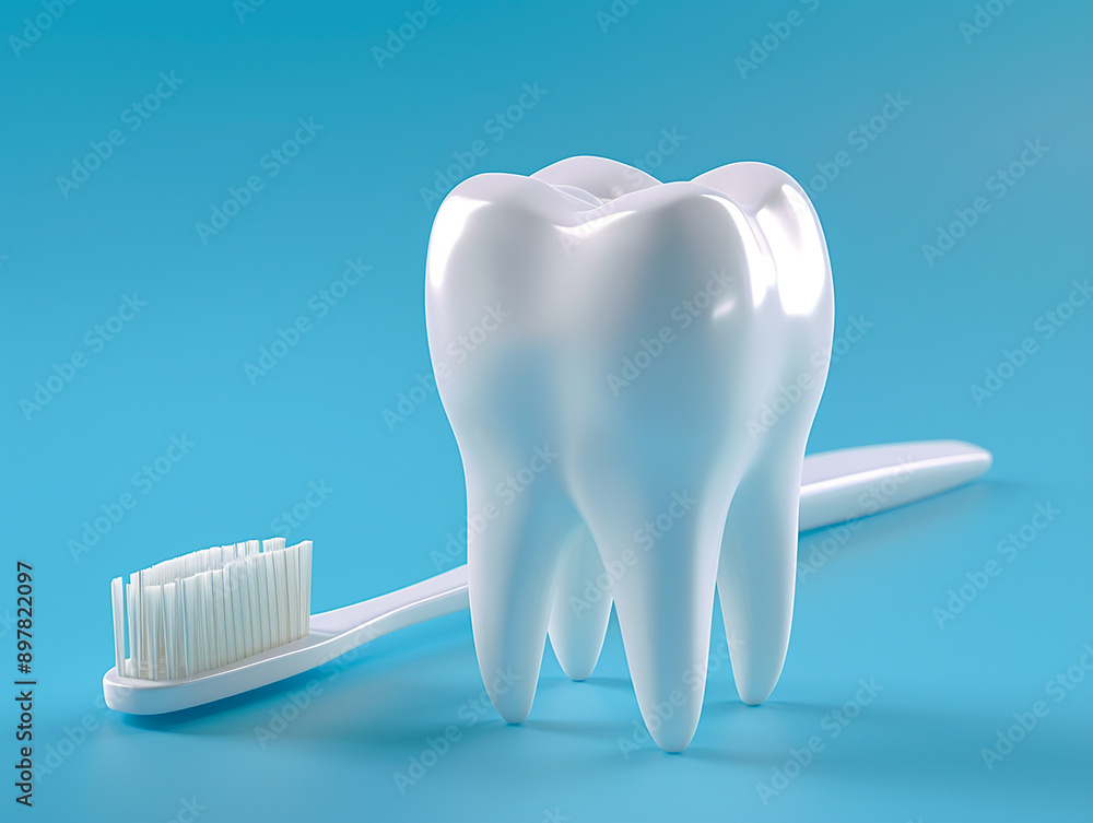 Clean Tooth and Toothbrush on Blue Background Clean Tooth and Toothbrush on Blue Background