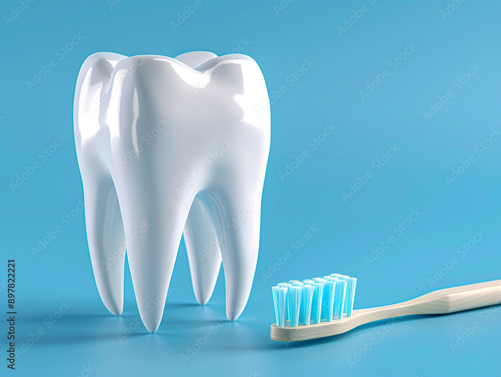 Clean Tooth and Toothbrush on Blue Background Clean Tooth and Toothbrush on Blue Background