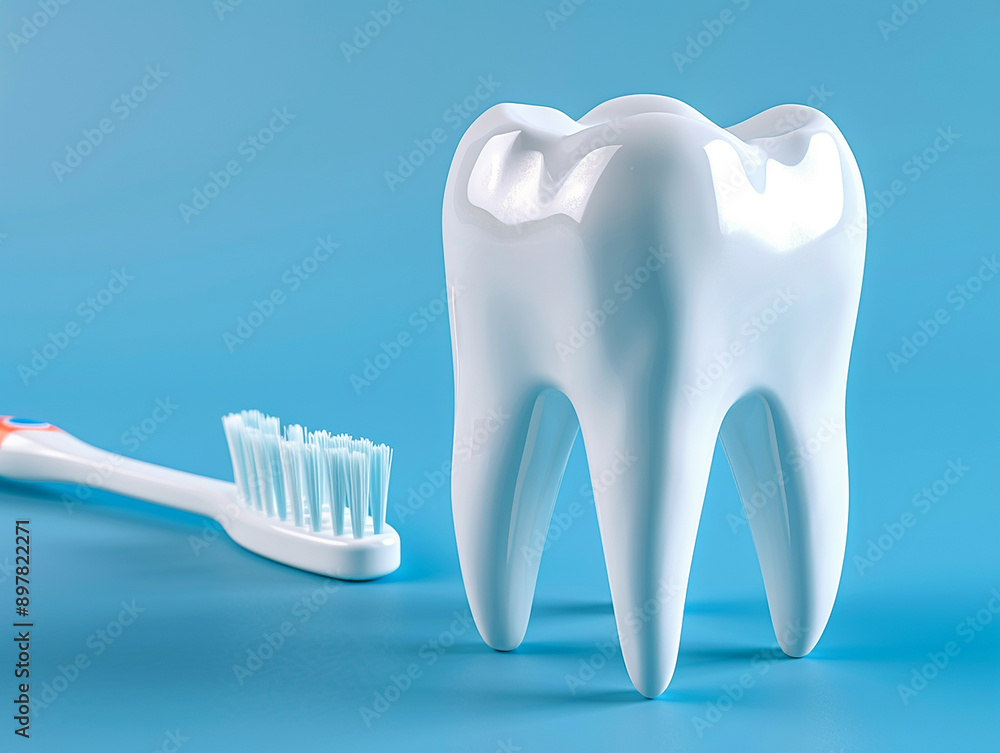 Clean Tooth and Toothbrush on Blue Background Clean Tooth and Toothbrush on Blue Background
