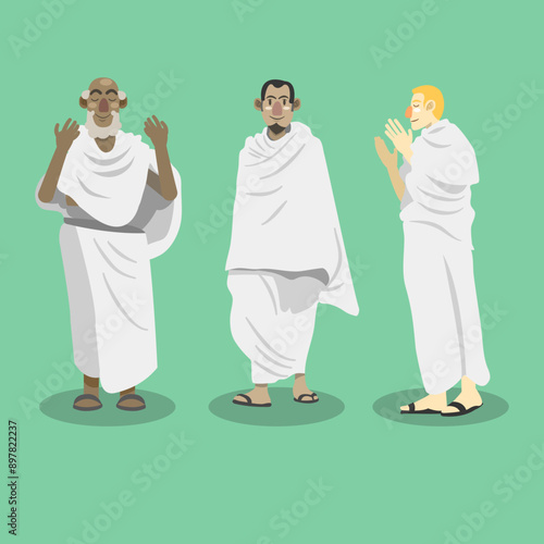 vector flat illustration of 3 people performing hajj