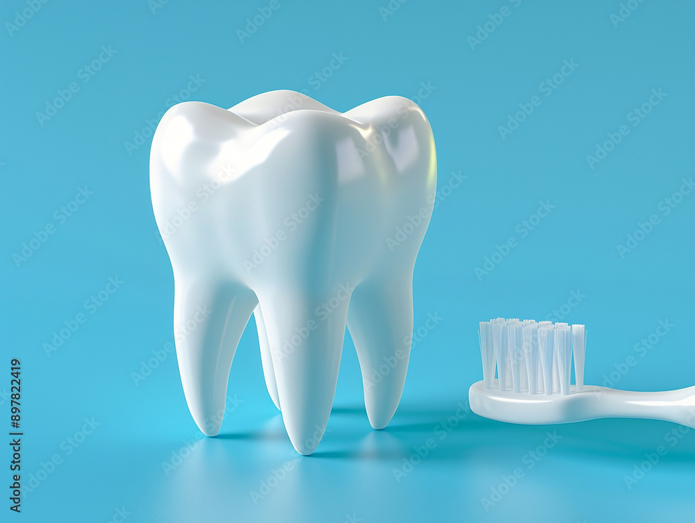 Clean Tooth and Toothbrush on Blue Background Clean Tooth and Toothbrush on Blue Background