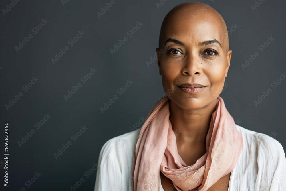 Portrait of African-American female cancer patient, recovering from chemotherapy, wearing pink scarf, studio shot on gray background Portrait of African-American female cancer patient, recovering from chemotherapy, wearing pink scarf, studio shot on gray background