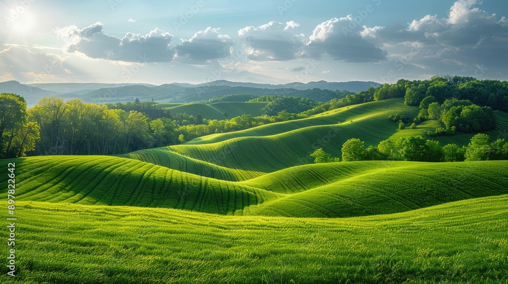 Rolling hills with a patchwork of fields